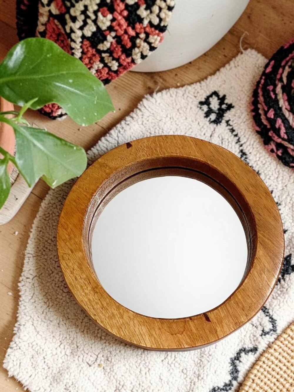 Round Oak Wall Mirror: Minimalist Solid Wood Frame 8" - Port Hole Nautical